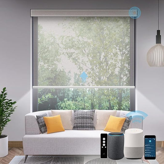 SmartWings Motorized Light Filtering Shades, Work with Matter Homekit Z-Wave Zigbee Alexa Google, 50% Blackout PVC Free Smart Blinds for Windows Cordless Window Shades with Remote Customized, Pearl