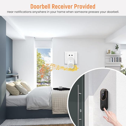 1080p Wireless Video Doorbell Camera, AI Human Detection, Live View, Night Vision, Cloud Storage, 2.4G WiFi, Battery Powered, Indoor Outdoor Surveillance (Comes with Doorbell Receiver)