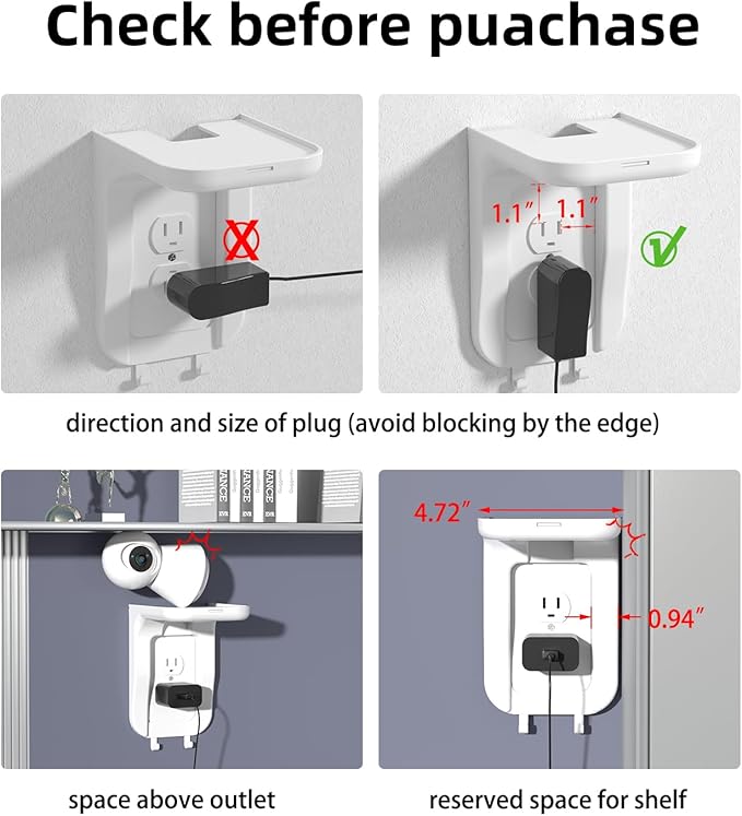 Suptek Wall Outlet Shelf 2 Pack,Home Wall Shelf Organizer for Outlets,Perfect for Bathroom, Kitchen, Bedrooms,Hold Cell Phone,Speaker up to 20lbs,With Cable Management and Detachable Hooks,White(S3W2)