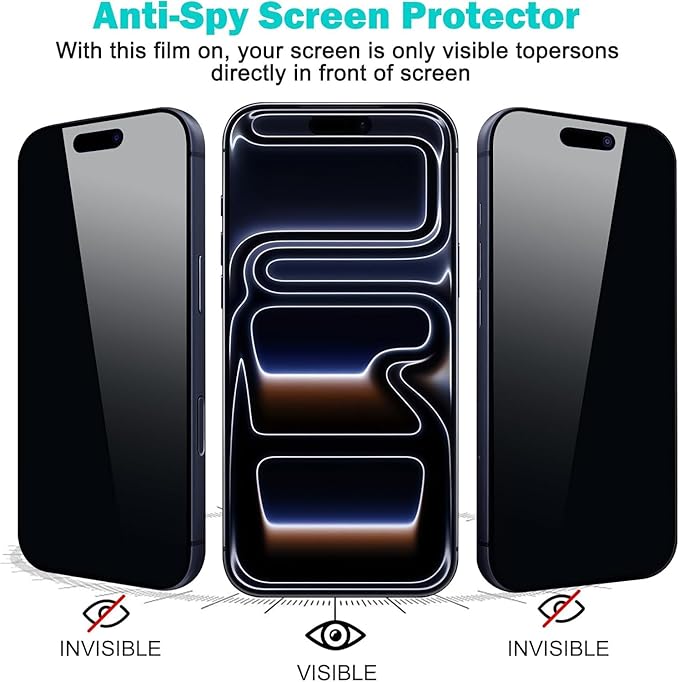 3 Pack for iPhone 17 Pro Screen Protector Privacy Full Cover Glass + 2 Camera Lens Protector 9H+ Tempered Glass Military Grade Shatterproof Anti Spy Bubble Free Auto installation Frame