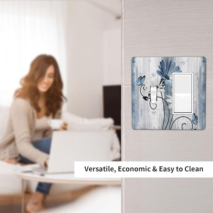 Decorative Outlet Covers Rustic Blue White Daisy Ink Flower 2 Gang Light Switch Cover Plate Single Toggle 1 Rocker Wall Plates for Electrical Outlets Switch Plate Covers for Bedroom Home Decor