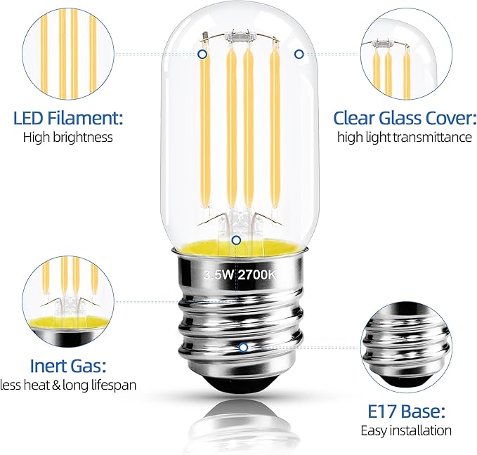 2.5 Inch E17 Intermediate Base LED Filament Bulb 360 Lumens, 2700K Soft White Dimmable Appliance Bulb AC 120V, UL Certified T8 Microwave Light Bulbs Under Hood for Refrigerator Stove 6Pack
