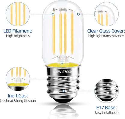 2.5 Inch E17 Intermediate Base LED Filament Bulb 360 Lumens, 2700K Soft White Dimmable Appliance Bulb AC 120V, UL Certified T8 Microwave Light Bulbs Under Hood for Refrigerator Stove 6Pack
