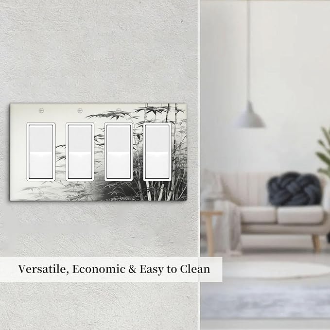 Watercolor Vintage Ink Bamboo Forest 4 Gang Wall Plates Outlet Covers Quad Rocker Light Switch Cover Plate Decorative Switch Plates GFCI Electrical Faceplate for Bathroom Bedroom Decor 4.5 X 8 IN