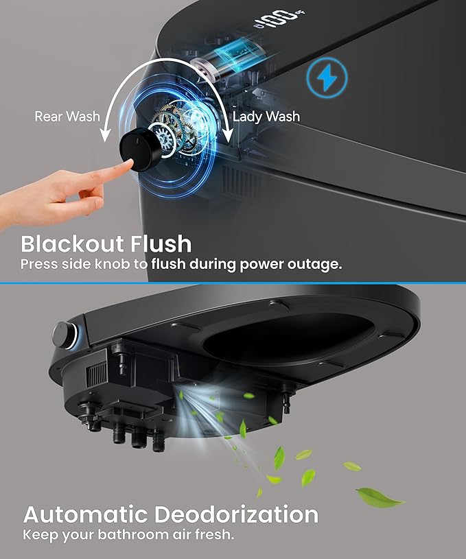 CANEST Black Smart Toilet, Tankless Bidet Toilet with Heated Seat, Foot Sensor Operation, Auto Open & Close, Dual Auto Flush, Warm Water, LED Display, Night Light, Wireless Remote Control (TC-200BG)