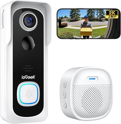 ieGeek Doorbell Camera Wireless No Subscription, 2K 3MP HD View, 2-Way Talk, PIR Motion Detection, Wireless Video Doorbell with Chime, Only Supports 2.4GHz WiFi, Local & Cloud Storage, White