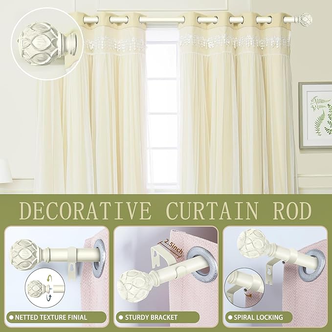 White Farmhouse Curtain Rods for Windows:18-60" Heavy Duty Adjustable Curtain Rod for Bedroom Living Room,Boho Decorative Rustic Drapery Rods with Vintage Coastal Texture Finials,Antique White