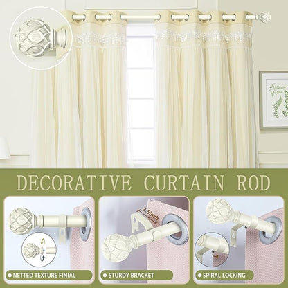 White Farmhouse Curtain Rods for Windows:66-120" Heavy Duty Adjustable Curtain Rod for Bedroom Living Room,Boho Decorative Rustic Drapery Rods with Vintage Coastal Texture Finial,Antique White
