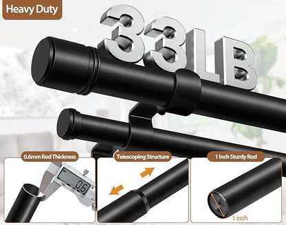 Double Curtain Rod 36 to 72 Inch, HOTOZON 1 Inch Heavy Duty Double Curtain Rods for Windows 24 to 68 Inches(2-5.6 ft), Telescoping Drapery Rod with Simple End Finials, Black