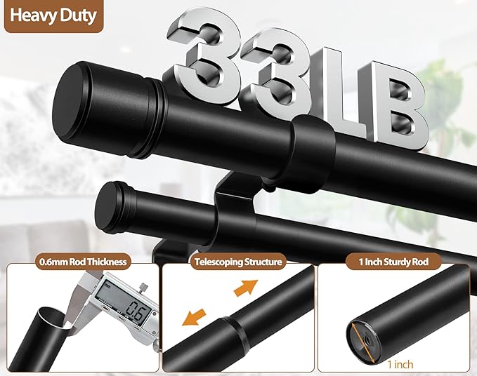 Double Curtain Rod 32 to 86 Inch, HOTOZON 1 Inch Heavy Duty Double Curtain Rods for Windows 20 to 82 Inches(1.7-6.8 ft), Telescoping Drapery Rod with Simple End Finials, Black