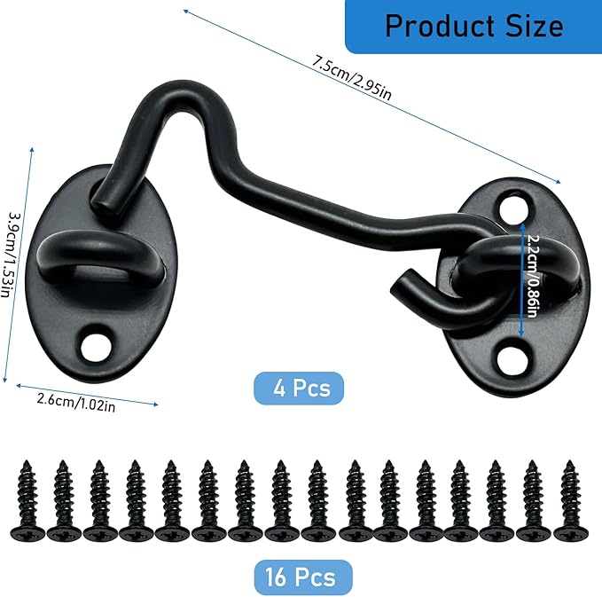 4 Pack 3" Hook and Eye Gate Latch, Stainless Steel Rust-Resistant Barn Door Lock Cabin Hooks for Gate Shutters Window Slide Barn Shed Cabinet Bathroom, with 16pcs Screw,Black