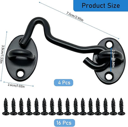 4 Pack 3" Hook and Eye Gate Latch, Stainless Steel Rust-Resistant Barn Door Lock Cabin Hooks for Gate Shutters Window Slide Barn Shed Cabinet Bathroom, with 16pcs Screw,Black
