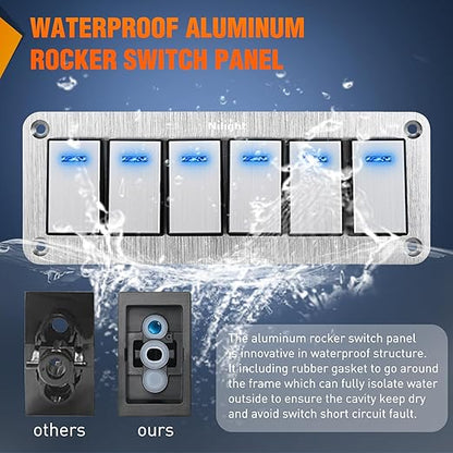 Nilight 6 Gang Rocker Switch Panel 3 Pin On Off Pre-Wired Blue LED Waterproof Aluminum with DIY Stickers for 12V 24V Automotive Cars Marine Boats UTV Truck Jeeps