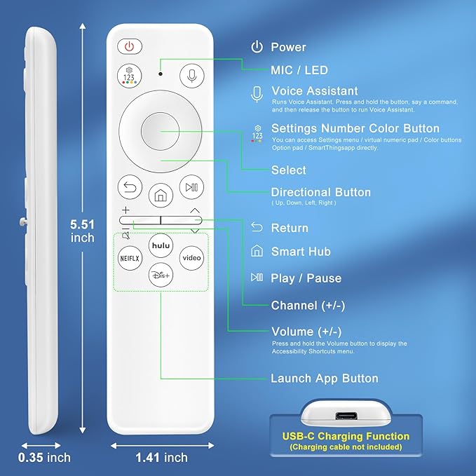 Rechargeable Voice Remote for Samsung Smart TVs, Replacement for 2021–2025 Samsung TV Remote Control with Voice Search. 2-Year Warranty.