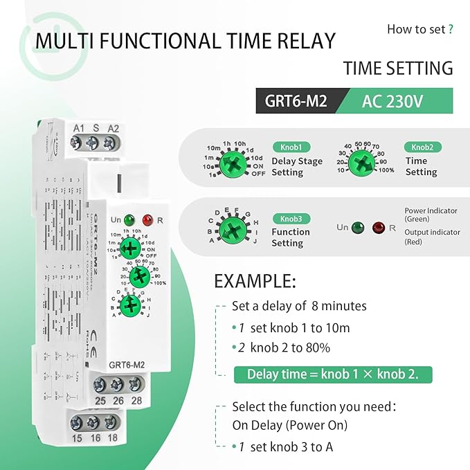 Multifunction Time Relay Module 10A, Adjustable Delay Timer Switch, 0.1s-10 Days Wide Time Range Delay AC230V Factory Automation Time Relay Universal Voltage DIN Rail GTR-6 M2 AC230V