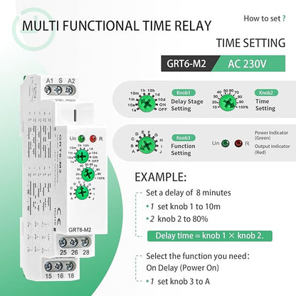 Multifunction Time Relay Module 10A, Adjustable Delay Timer Switch, 0.1s-10 Days Wide Time Range Delay AC230V Factory Automation Time Relay Universal Voltage DIN Rail GTR-6 M2 AC230V