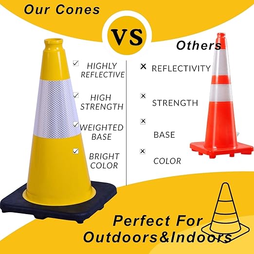 BESEA 8Pack 18 Inch Yellow Traffic Cones with 6 Inch Reflective Collar, Heavy Duty PVC Safety Cones with 10.5 x 10.5 Inch Base for Parking, Driving Practice, Sports Training, and Construction