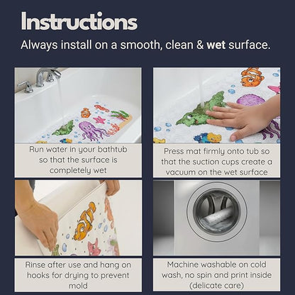 Bath Tub Mat Non Slip Anti Mold for Kids BPA Free INCL Hooks - homerella® Ocean Sea Animals 40x16, Baby Bath Mat Non Slip 200 Suction Cups, Non Toxic Machine Washable Toddler Bath Mat, EU Certified