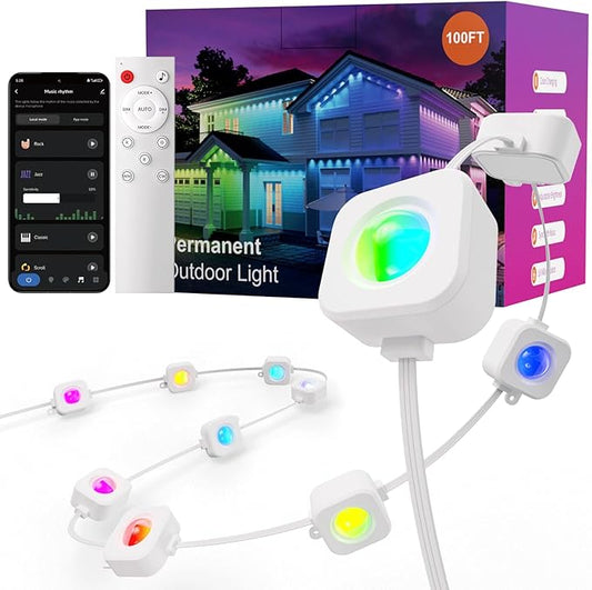 Fitop Permanent Outdoor Lights, 100FT RGB Smart Eaves Lights for House, IP67 Waterproof LED Strip, Music Sync, APP/Voice/Remote Control, Compatible with Alexa/Google