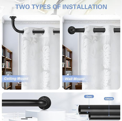 Black Wrap Around Curtain Rods 28 to 48 Inch:Blackout Heavy duty Adjustable Window Curtain Rod for Bedroom,Industrial Darkening Curved French Metal Single Drapery Rods Easy Install,Matte Black