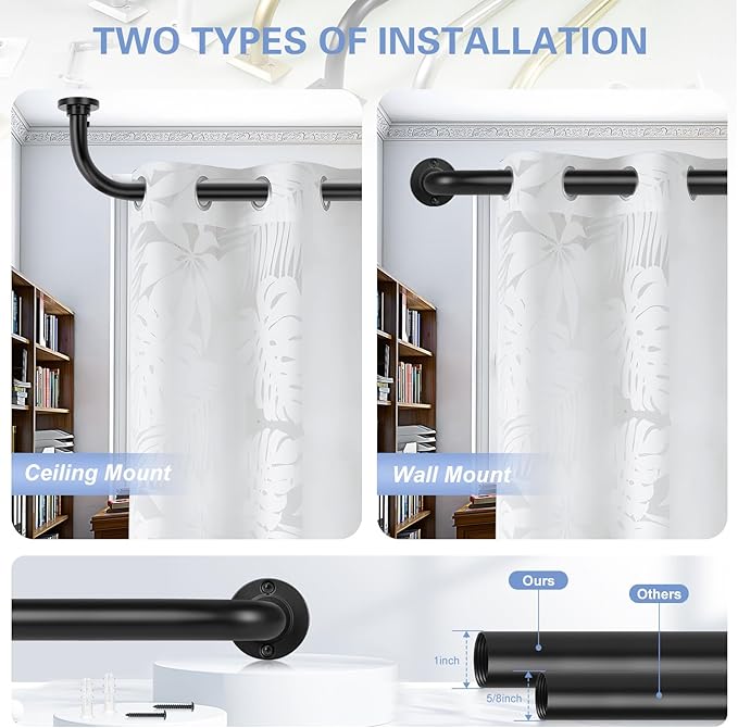 Black Wrap Around Curtain Rods 2Pack:Blackout Heavy duty Adjustable Window Curtain Rod for Bedroom,Industrial Darkening Curved French Metal Single Drapery Rods Easy Install,Matte Black 28-48"