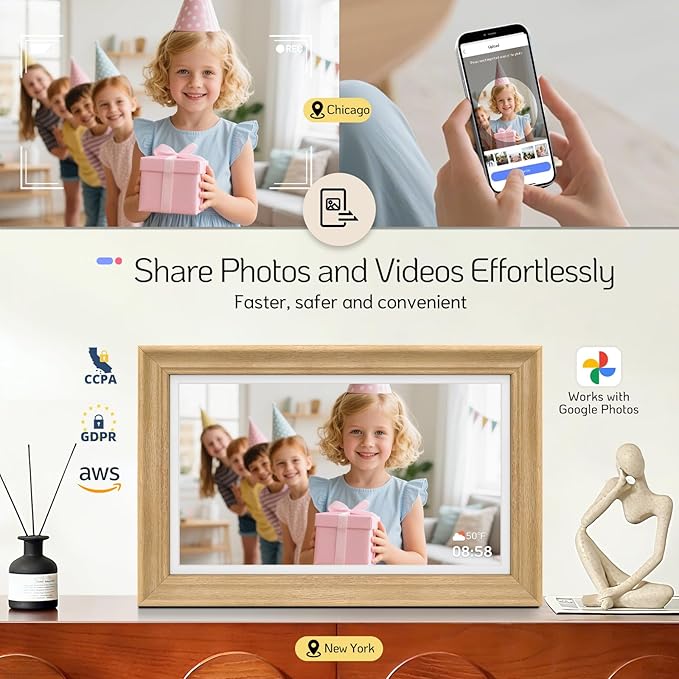 NexFoto 15.6'' Touchscreen Digital Picture Frame, 64GB Wood Electronic Picture Frame, FHD WiFi Digital Photo Frame, Add Photos from Google Photos, Share Videos, for Mom, Christmas/Birthday, Wood