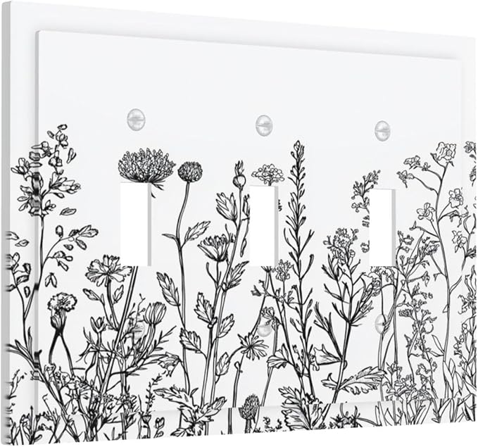 Decorative Switch Plates Floral Wildflower Rustic Plant Leaves 3 Gang Wall Plate Triple Toggle Light Switch Cover Faceplate Electrical Wall Panels For Farmhouse Cabin Decor