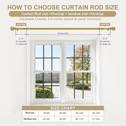 Gold Curtain Rods for Windows 48 to 84 Inch 7/8" Diamete Heavy Duty Adjustable Window Curtain Rod with Decorative Finials for Farmhouse Bedroom Living Room Kitchen Outdoor