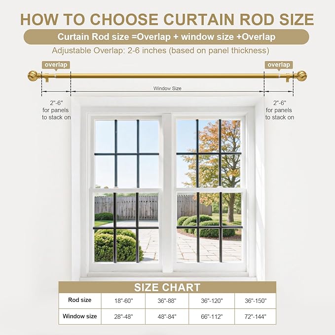 Gold Curtain Rods for Windows 28 to 48 Inch 7/8" Diamete Heavy Duty Adjustable Window Curtain Rod with Decorative Finials for Farmhouse Bedroom Living Room Kitchen Outdoor