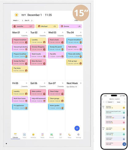 Digital Calendar 15.6" Chore Chart – 1080P Full HD Interactive Touchscreen, Smart Family Planner, Hearth Display Digital Wall & Desk Mountable for Seamless Scheduling