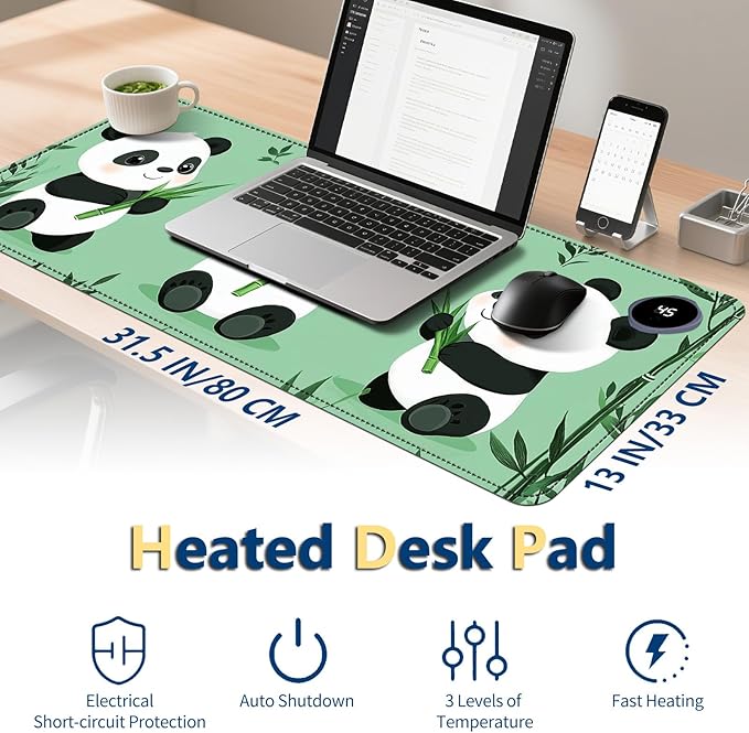 Heated Mouse Pad with 3 Temperature Settings(104°F–122°F),Large 31.5x13 Inch PU Leather Heated Desk Mat,Waterproof Warming Pad for Office,Gaming & Cold Hands Relief,Cute Three Pandas