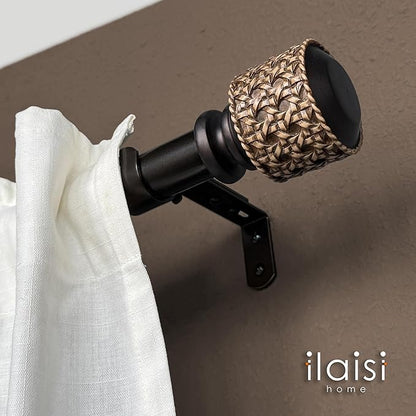 1-1/8 Inch Diameter Dark Bronze Curtain Rods with Faux Rattan Cane Woven Finials, 72-144'' Telescoping Single Curtain Rods for window width 68-140 inch, 1 pack