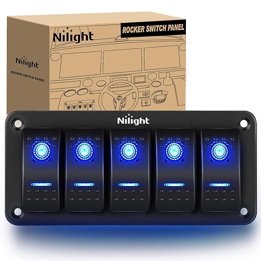 Nilight - 90110E 5 Gang Aluminum Rocker Switch Panel Toggle Dash 5 Pin ON/Off Pre-Wired Rocker Switch Blue Backlit Switch for Automotive Car Marine Boat RV,2 Years Warranty