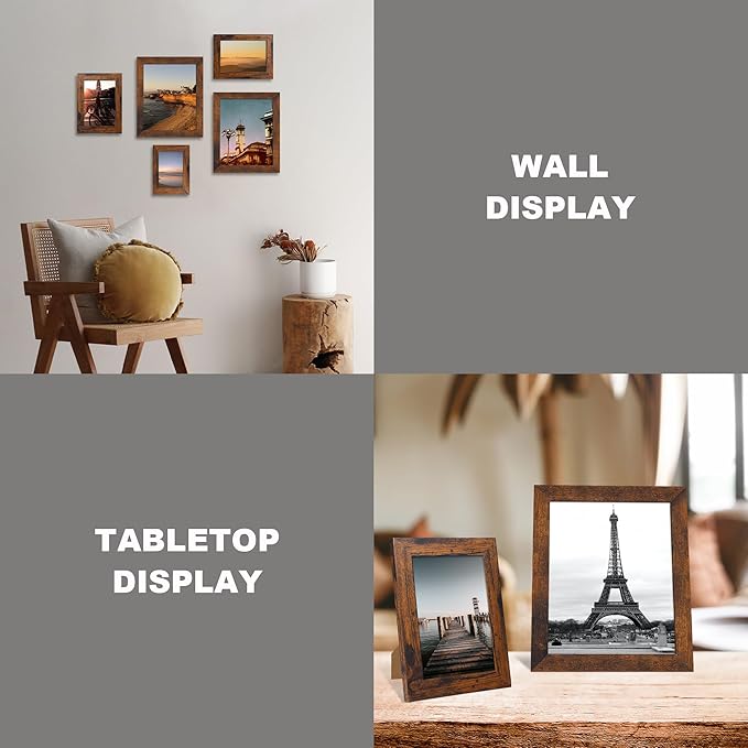 iRahmen 8x10 Picture Frame Set of 4, High Definition Glass 8 x 10 Frame, Wood Rustic Photo Frames for Horizontal or Vertical Display Tabletop and Wall Mounting