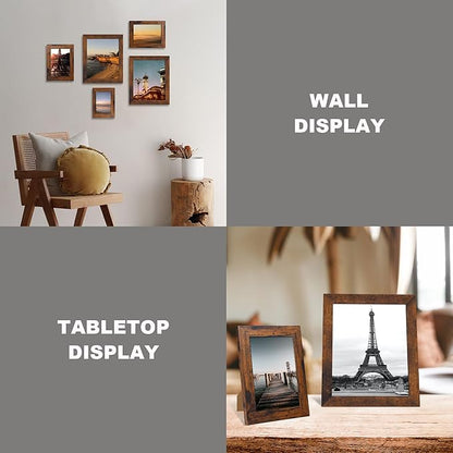 iRahmen 5x7 Picture Frame Set of 4, High Definition Glass 5 x 7 Frame, Wood Rustic Photo Frames for Horizontal or Vertical Display Tabletop and Wall Mounting, Dark Brown