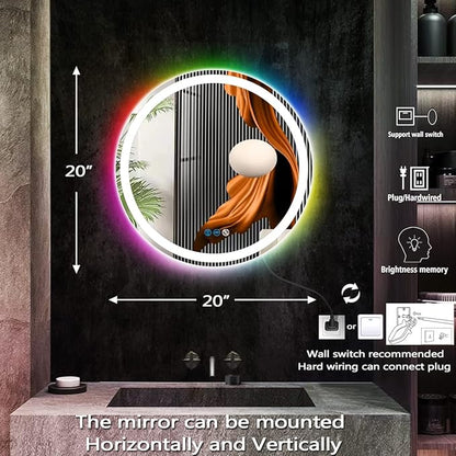 THEKLA 20 Inch Bathroom Round Led Mirror with Lights 3Color + RGB Colorful Changing Backlit Circle Round Lighted Vanity Mirror with Lights for Bathroom Wall Dimmable Anti Fog Round Circle Smart Mirror