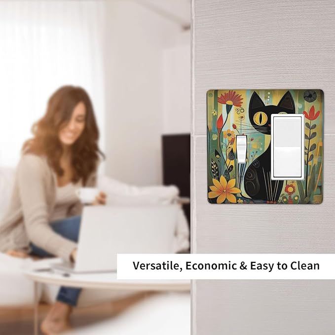 Funny Cat Retro Abstract Flowers Kitten Outlet Covers 1 Toggle 1 Rocker Combination Decorative Wall Plate Electrical Switch Plates Light Switch Cover Plate For Kids Room Bed Room Decor