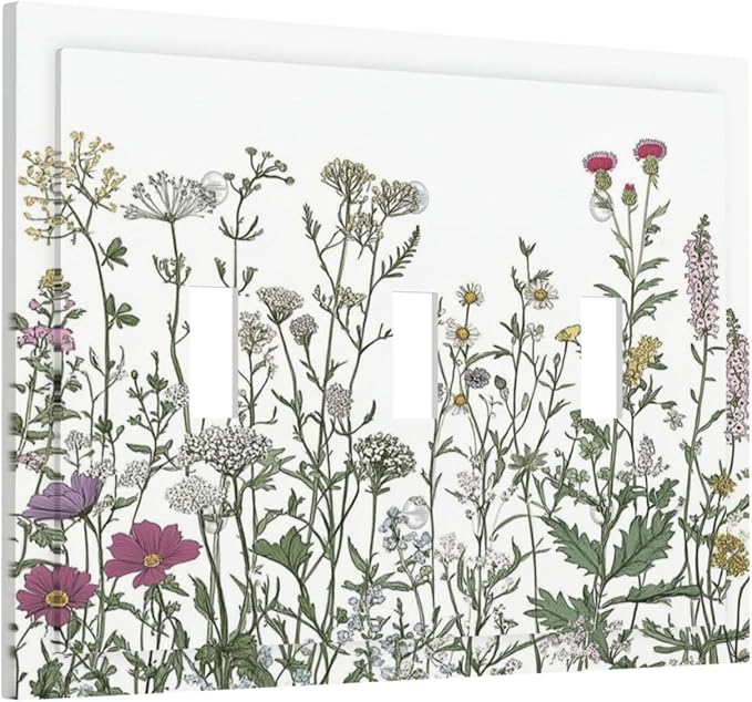 Vintage Herbs Wildflowers Plant Floral Decorative Switch Plates 3 Gang Wall Plate Triple Toggle Light Switch Cover Faceplate Electrical Wall Panels For Bed Room Home Decor