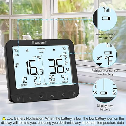 Geevon Digital Refrigerator Thermometer with Alarm, Low Battery Warning Icon, Max/Min Temperature LCD Display, Suitable for Domestic or Commercial Use Freezer Thermometer with Alarm