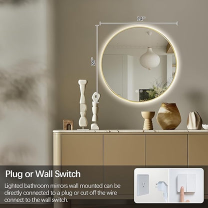 Niccy Round Led Mirror for Bathroom, 24" Backlit Mirrors for Wall Circle Lighted Mirror with Old Gold Frame Anti-Fog, 3 Colors, HD Glass and IP65 Waterproof
