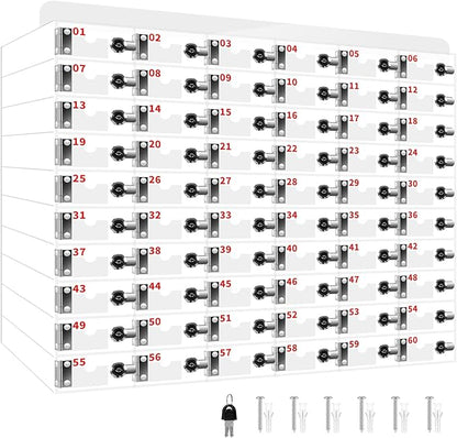60 Slots Clear Acrylic Cell Phone Locker Box Wall-Mounted with Keys, Lockable Secure Storage Cabinet for Classroom Office Gym, Multi-Use Phone Lock Organizer for Employees Students (Small)