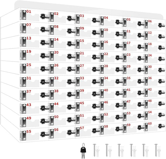 60 Slots Clear Acrylic Cell Phone Locker Box Wall-Mounted with Keys, Lockable Secure Storage Cabinet for Classroom Office Gym, Multi-Use Phone Lock Organizer for Employees Students (Small)