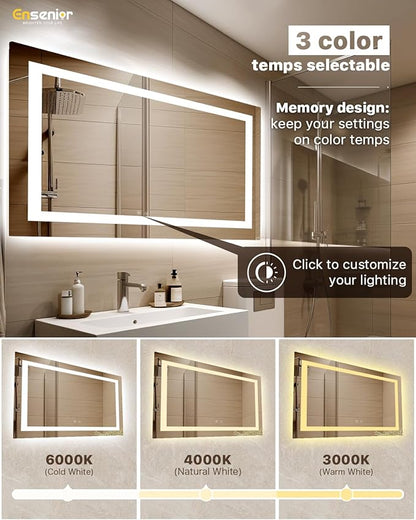 Ensenior LED Bathroom Mirror 55"x 30" with Front and Backlight, Stepless Dimmable Wall Mirrors with Anti-Fog, Shatter-Proof, Memory, 3 Colors, Modern LED Vanity Mirror-ETL & FCC