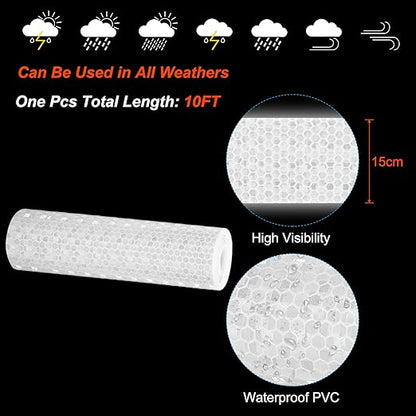PATIKIL 6 Inch x 10 ft Reflective Tape, 1 Roll Waterproof Self Adhesive High Visibility Caution Warning Safety Tape Reflector with Scraper for Trucks Trailers Cars, White