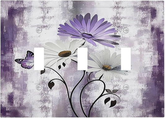 Light Switch Covers Purple Daisy White Floral Butterfly Flowers 3 Gang Wall Plates Triple Toggle Outlet Cover Decorative Switchplates Electrical Panel Cover for Kitchen Living Room 4.8 X 6.7 IN