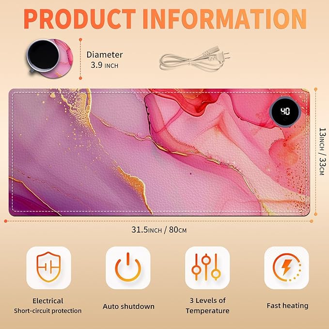 Heated Mouse Pad, Warm Desk Pad, Keyboard Mat 31.5 x 13 Inch Large Size Intelligent Fast Heating, 3 Speed Adjustable, Timed Auto Power Off for Game Office Home,Pink Marble