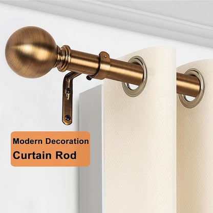 Brass Curtain Rods for Windows 18 to 145 inches, 1 Inch Modern Metal Drapery Rods, Adjustable Heavy Duty Curtain Pole with Round Finials(18"-145"Antique Brass)