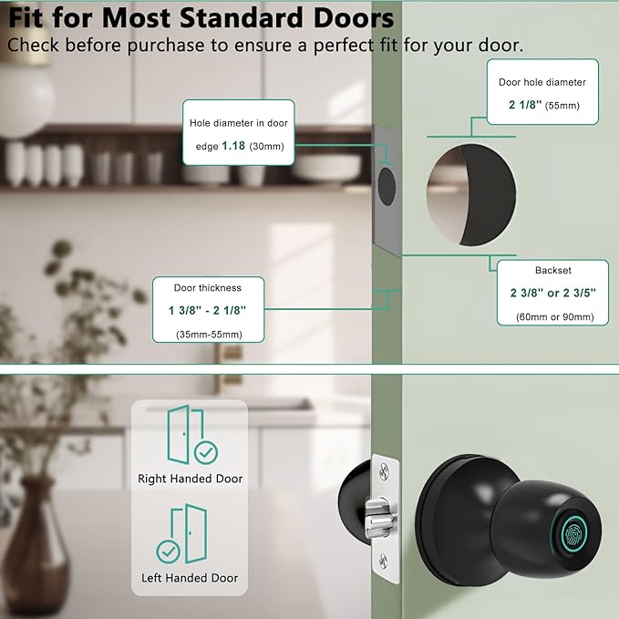 Fingerprint Smart Door Knob, Biometric Keyless Entry Door Lock with App Control & Backup Keys, Thumbprint Round Door Lock, Suitable for Home, Bedroom, Office, and Apartment Matte Black