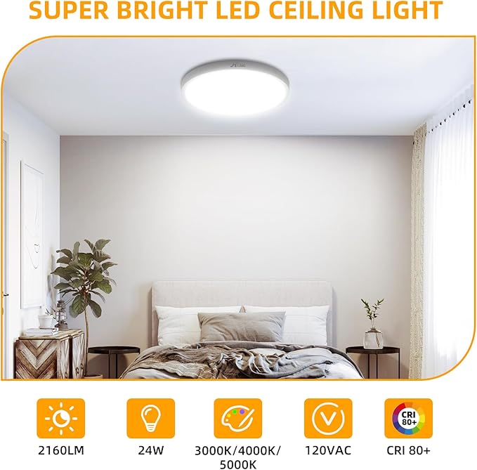 Hlite 4pack 12 inch Flush Mount LED Ceiling Light Fixture,24W 2400LM Super Slim Light Fixtures Ceiling Mount 3000K/4000K/5000K 3CCT Selectable,Light Fixtures for Kitchen,Bedroom(White)