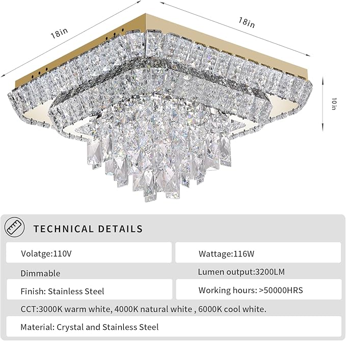 Elegant LED Gold Crystal Raindrop Ceiling Light,18 Inch Square Flush Mount Chandelier with Remote for Living Room Kitchen Island Bedroom Hallway Entryway Foyer (Dimmable)
